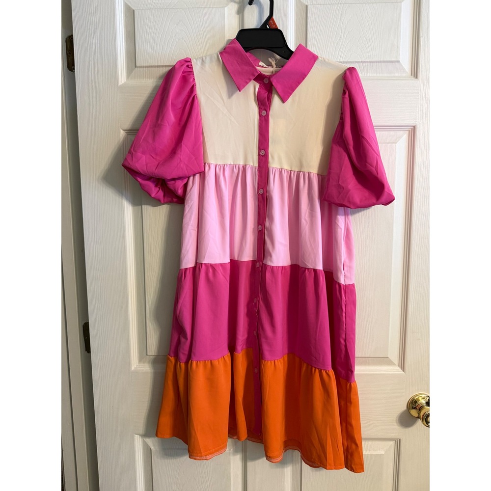 Grace & Emma Pink Orange Colorblock Tiered Puff Sleeve Mini Shirt Dress Size M